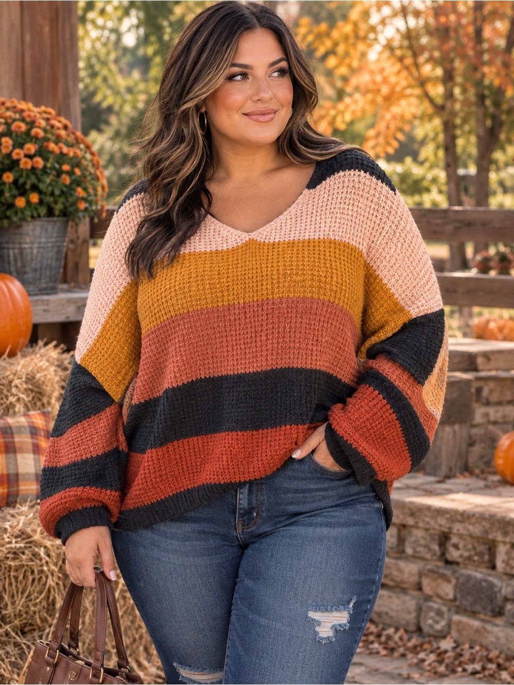 Umgee Waffle Knit Colorblock Striped Sweater